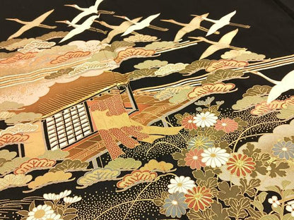 平和屋着物■豪華黒留袖　駒刺繍　飛鶴風景文　金彩　正絹　逸品　BAAY3094hj
