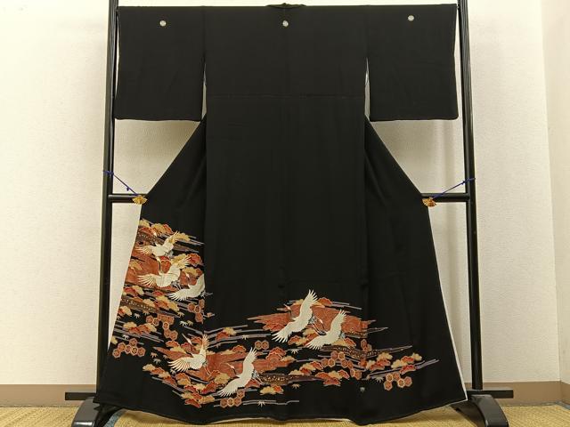 平和屋着物■豪華黒留袖　駒刺繍　飛鶴浜松文　金彩　正絹　逸品　BAAY3095hj