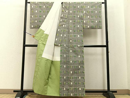 平和屋着物■上質な紬　格子柄　正絹　逸品　BAAY3099hj