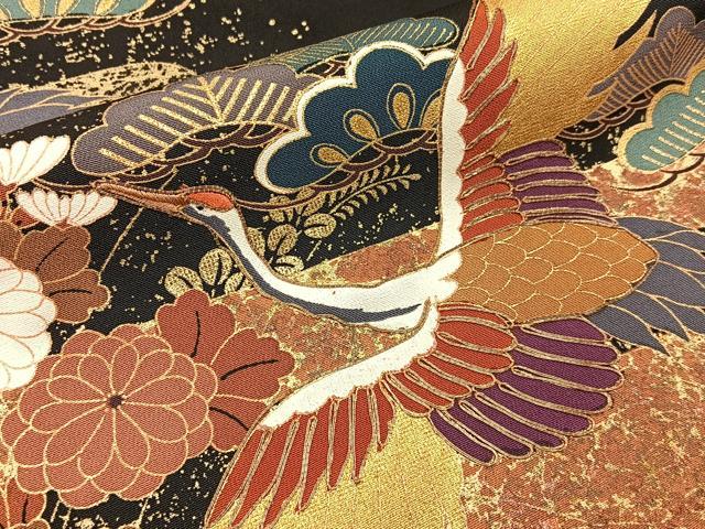 平和屋着物■豪華黒留袖　駒刺繍　飛鶴扇面花文　金彩　正絹　逸品　BAAY3114hj