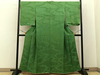 平和屋着物■上質な色無地　雲重ね地紋　鶸萌黄色　銀通し地　正絹　逸品　BAAY3134hj