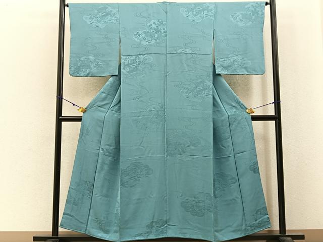 平和屋着物■上質な色無地　雲取風景地紋　千草色　正絹　逸品　BAAY3142hj