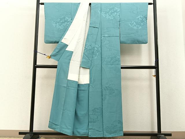 平和屋着物■上質な色無地　雲取風景地紋　千草色　正絹　逸品　BAAY3142hj