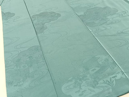 平和屋着物■上質な色無地　雲取風景地紋　千草色　正絹　逸品　BAAY3142hj