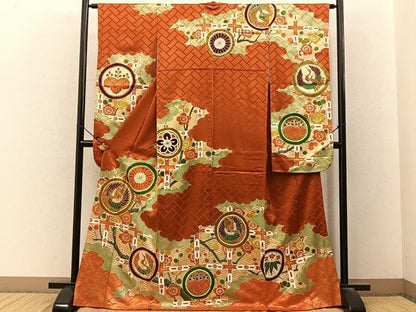平和屋着物■豪華振袖　駒刺繍　飛鶴花丸文　金彩　正絹　逸品　BAAY3147hj