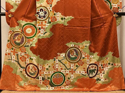 平和屋着物■豪華振袖　駒刺繍　飛鶴花丸文　金彩　正絹　逸品　BAAY3147hj