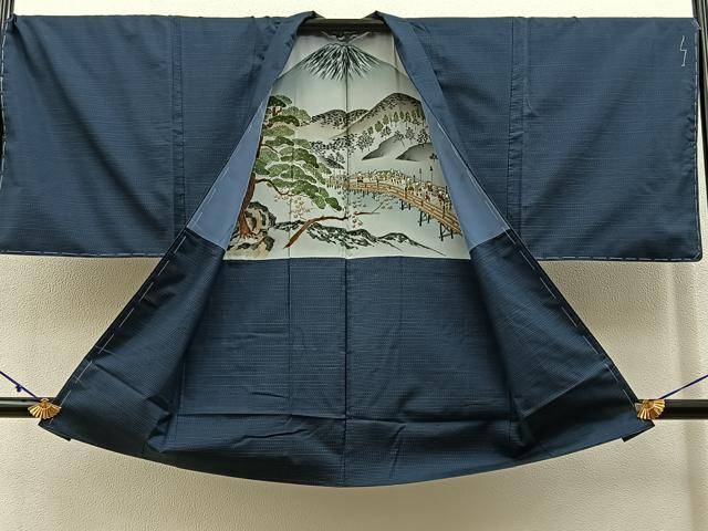 平和屋着物■男性　本場大島紬　アンサンブル　格子　羽裏：富士　証紙付き　正絹　逸品　未使用　BAAY3150hj