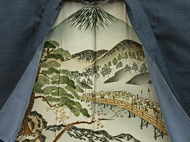 平和屋着物■男性　本場大島紬　アンサンブル　格子　羽裏：富士　証紙付き　正絹　逸品　未使用　BAAY3150hj