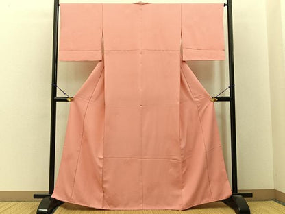 平和屋着物■色無地　花絵皿地紋　珊瑚色　洗える着物　BAAY3156hj