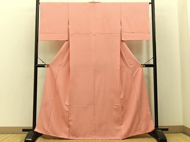 平和屋着物■色無地　花絵皿地紋　珊瑚色　洗える着物　BAAY3156hj