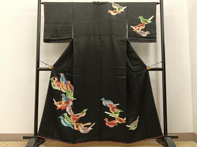 平和屋着物■訪問着　刺繍　群鳥　黒地　正絹　逸品　未使用　BAAY3158hj