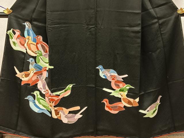 平和屋着物■訪問着　刺繍　群鳥　黒地　正絹　逸品　未使用　BAAY3158hj