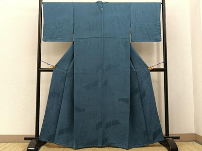 平和屋着物■上質な色無地　風景地紋　御召御納戸色　正絹　逸品　未使用　BAAY3172hj