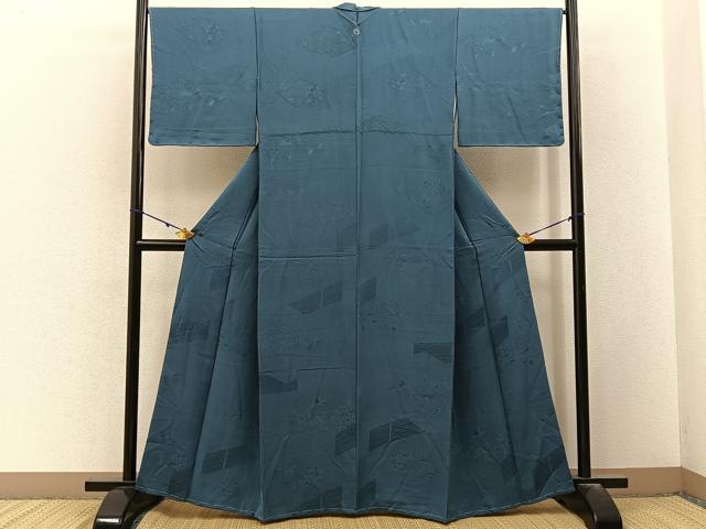 平和屋着物■上質な色無地　風景地紋　御召御納戸色　正絹　逸品　未使用　BAAY3172hj