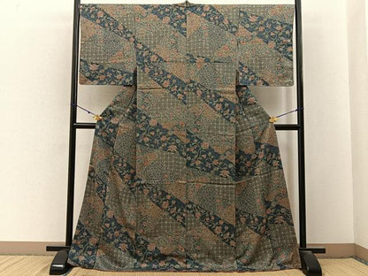 平和屋着物■上質な小紋　切嵌更紗花唐草文　ロング丈　正絹　逸品　未使用　BAAY3190hj