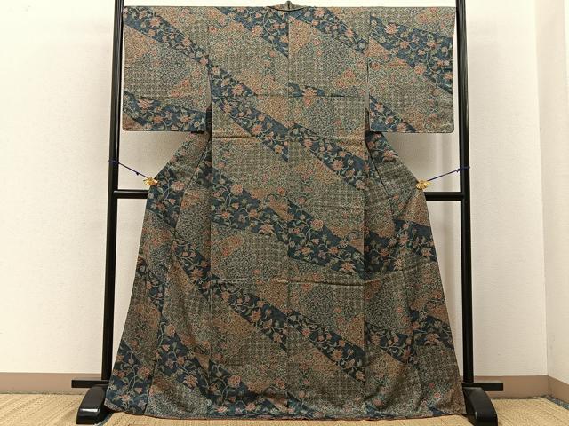 平和屋着物■上質な小紋　切嵌更紗花唐草文　ロング丈　正絹　逸品　未使用　BAAY3190hj