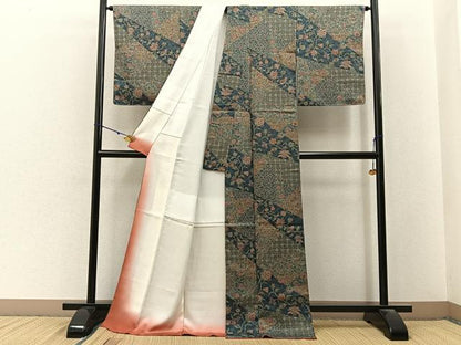 平和屋着物■上質な小紋　切嵌更紗花唐草文　ロング丈　正絹　逸品　未使用　BAAY3190hj
