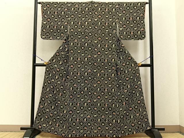 平和屋着物■上質な小紋　型染め　菱風景文　黒地　正絹　逸品　BAAY3194hj