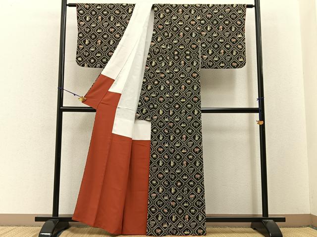 平和屋着物■上質な小紋　型染め　菱風景文　黒地　正絹　逸品　BAAY3194hj