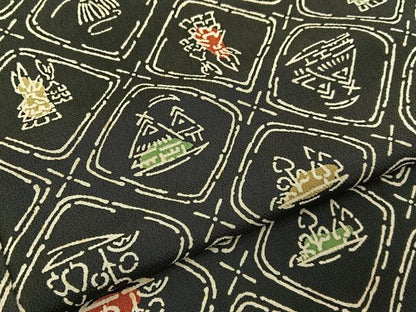 平和屋着物■上質な小紋　型染め　菱風景文　黒地　正絹　逸品　BAAY3194hj