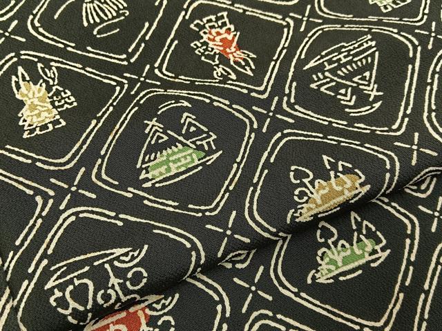 平和屋着物■上質な小紋　型染め　菱風景文　黒地　正絹　逸品　BAAY3194hj