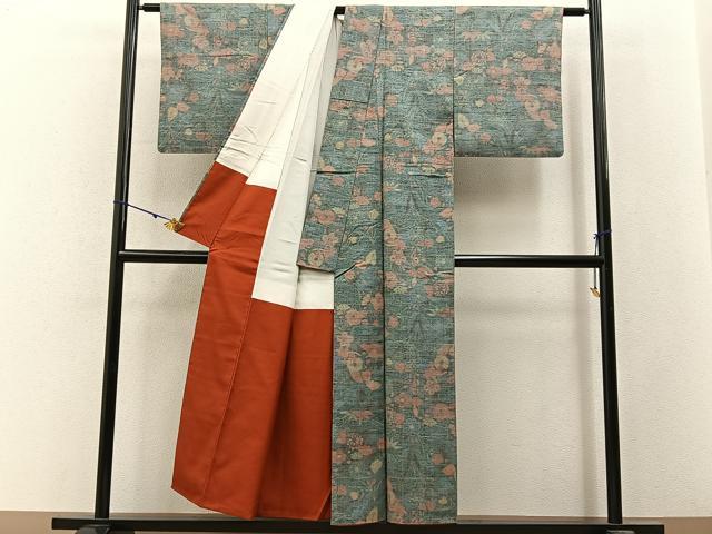 平和屋着物■東京の老舗呉服問屋　菱一　まゆつむぎ　草花文　反端付き　正絹　逸品　BAAY3198hj