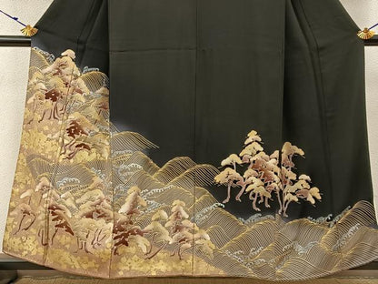平和屋着物■豪華黒留袖　刺繍　浜松文　暈し染め　金銀彩　正絹　逸品　BAAY3201hj