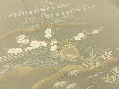 平和屋着物■訪問着　駒刺繍　松竹梅　流水花文　金彩　正絹　逸品　BAAY3211hj