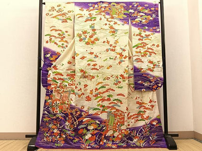 平和屋着物■豪華振袖　駒刺繍　松竹梅御所車花文　金彩　正絹　逸品　BAAY3212hj