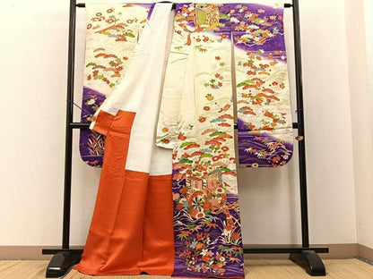 平和屋着物■豪華振袖　駒刺繍　松竹梅御所車花文　金彩　正絹　逸品　BAAY3212hj