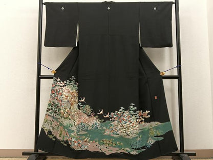 平和屋着物■豪華黒留袖　友禅　作家物　飛鶴流水花文　正絹　逸品　BAAY3214hj