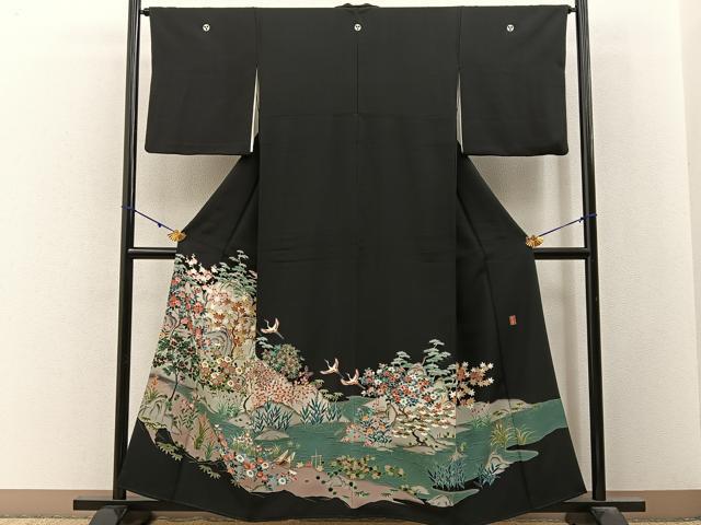 平和屋着物■豪華黒留袖　友禅　作家物　飛鶴流水花文　正絹　逸品　BAAY3214hj