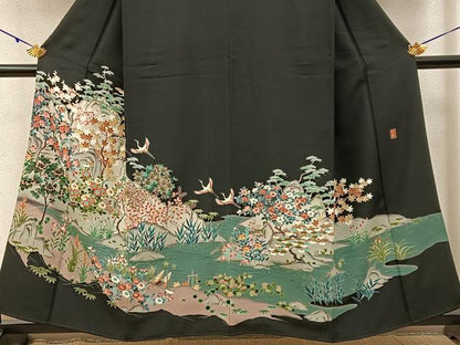平和屋着物■豪華黒留袖　友禅　作家物　飛鶴流水花文　正絹　逸品　BAAY3214hj