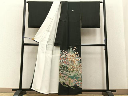 平和屋着物■豪華黒留袖　友禅　作家物　飛鶴流水花文　正絹　逸品　BAAY3214hj
