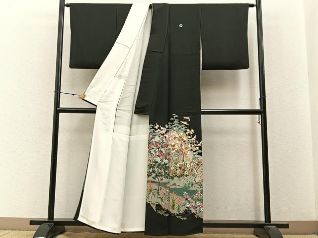 平和屋着物■豪華黒留袖　友禅　作家物　飛鶴流水花文　正絹　逸品　BAAY3214hj