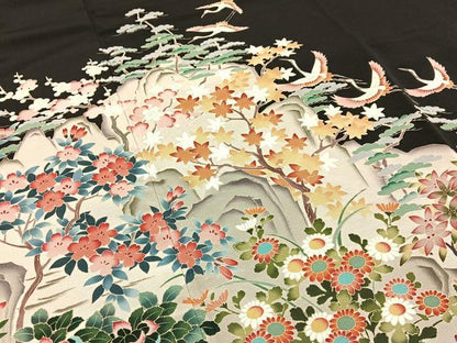平和屋着物■豪華黒留袖　友禅　作家物　飛鶴流水花文　正絹　逸品　BAAY3214hj