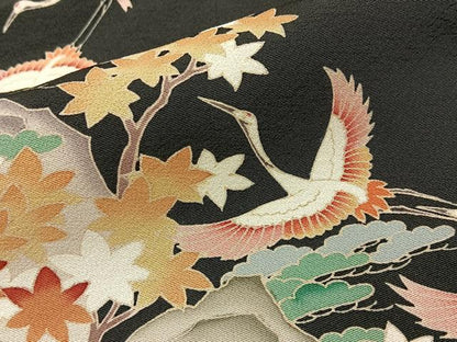 平和屋着物■豪華黒留袖　友禅　作家物　飛鶴流水花文　正絹　逸品　BAAY3214hj