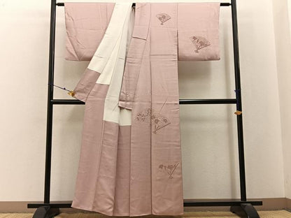 平和屋着物■中国三大刺繍　総相良刺繍　無地絵羽訪問着　扇面花文　灰桜色　正絹　逸品　BAAY3220hj