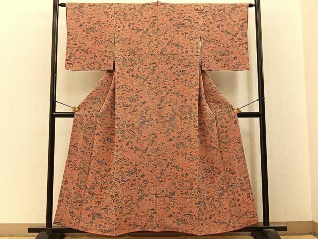 平和屋着物■上質な小紋　花鳥文　鬼しぼ縮緬　正絹　逸品　BAAY3229hj