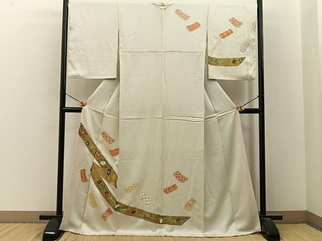 平和屋着物■訪問着　刺繍　誰が袖花文　金彩　ロング丈　正絹　逸品　BAAY3249hj