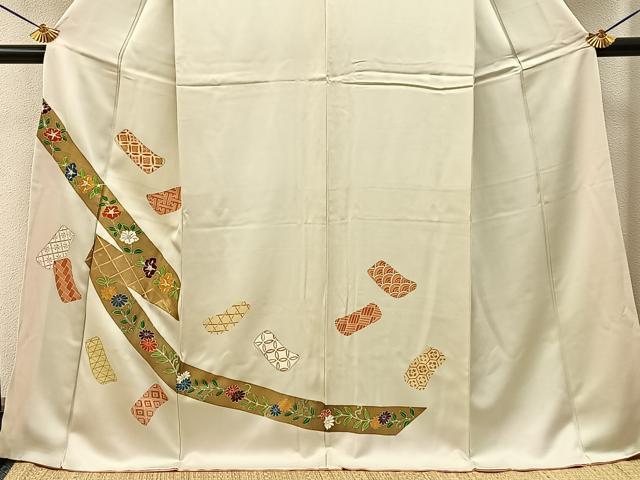 平和屋着物■訪問着　刺繍　誰が袖花文　金彩　ロング丈　正絹　逸品　BAAY3249hj