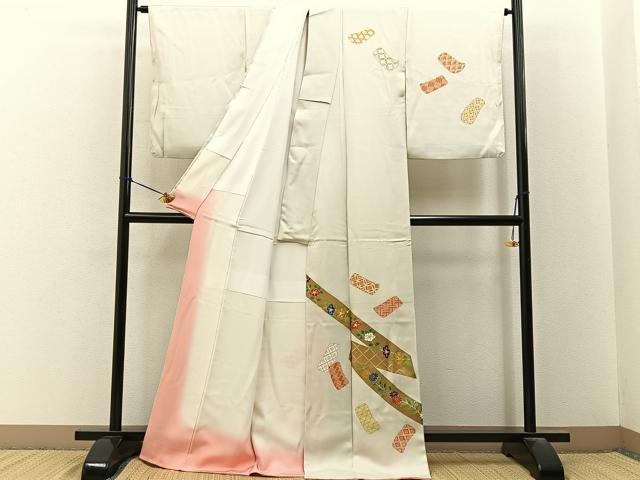 平和屋着物■訪問着　刺繍　誰が袖花文　金彩　ロング丈　正絹　逸品　BAAY3249hj