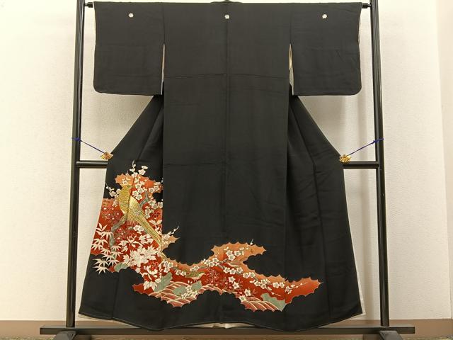 平和屋着物■豪華黒留袖　刺繍　尾長鶏花文　金彩　正絹　逸品　BAAY3254hj
