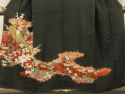 平和屋着物■豪華黒留袖　刺繍　尾長鶏花文　金彩　正絹　逸品　BAAY3254hj