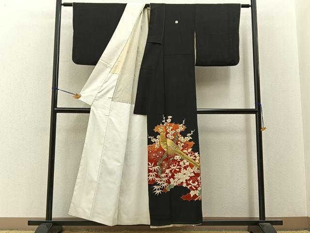 平和屋着物■豪華黒留袖　刺繍　尾長鶏花文　金彩　正絹　逸品　BAAY3254hj
