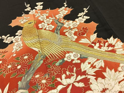平和屋着物■豪華黒留袖　刺繍　尾長鶏花文　金彩　正絹　逸品　BAAY3254hj