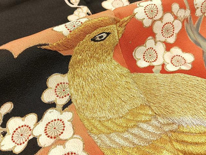 平和屋着物■豪華黒留袖　刺繍　尾長鶏花文　金彩　正絹　逸品　BAAY3254hj