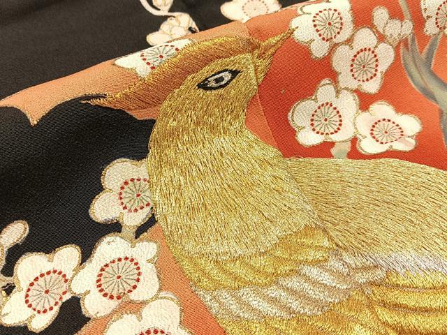 平和屋着物■豪華黒留袖　刺繍　尾長鶏花文　金彩　正絹　逸品　BAAY3254hj