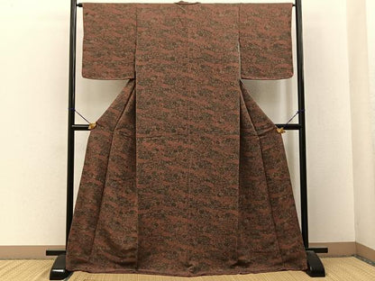 平和屋着物■上質な小紋　型染め　草花文　鬼しぼ縮緬　ロング丈　正絹　逸品　BAAY3256hj