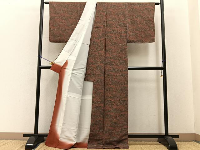 平和屋着物■上質な小紋　型染め　草花文　鬼しぼ縮緬　ロング丈　正絹　逸品　BAAY3256hj
